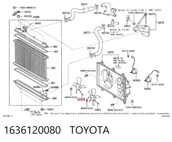 Ventilador (roda de aletas) do radiador de esfriamento direito 1636120080 Toyota