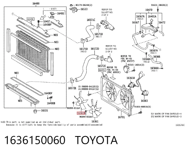 Ventilador (roda de aletas) do radiador de esfriamento 1636150060 Toyota