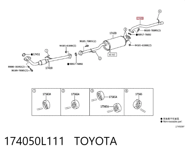 Cano derivado do silenciador desde a parte média até a traseira 174050L111 Toyota