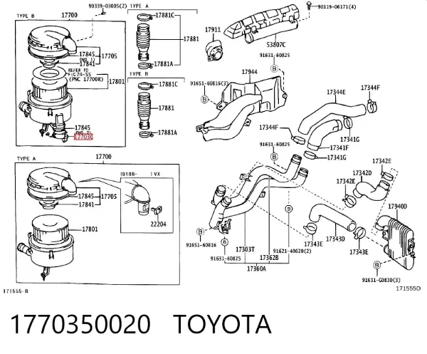 Caixa de filtro de ar 1770350020 Toyota