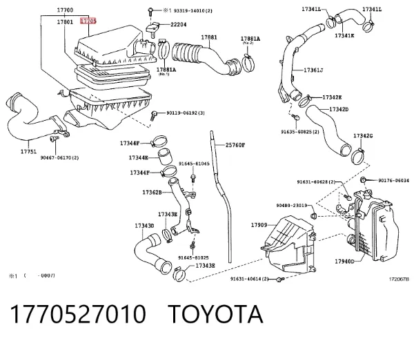 Caixa de filtro de ar, parte superior 1770527010 Toyota
