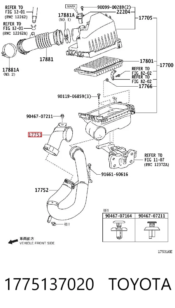 Cano derivado de ar, entrada de filtro de ar 1775137020 Toyota