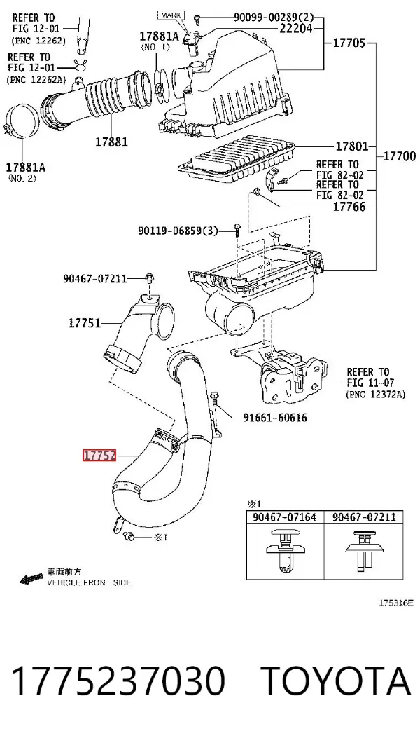 Cano derivado de ar, entrada de filtro de ar 1775237030 Toyota