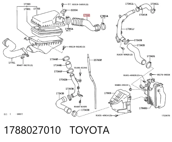 Cano derivado de ar, saída de filtro de ar 1788027010 Toyota