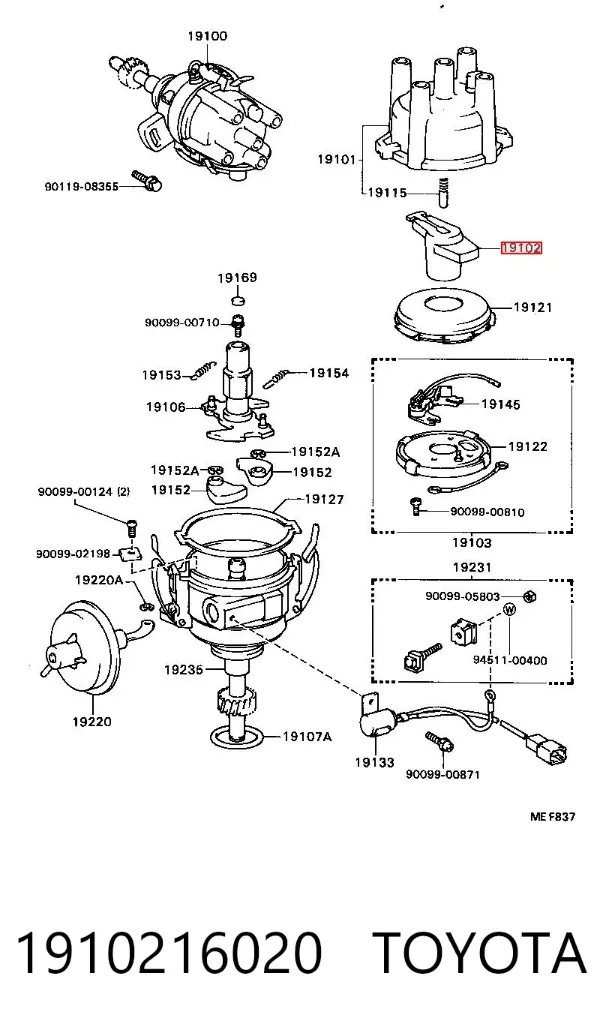 Slider (rotor) de distribuidor de ignição, distribuidor 1910216020 Toyota