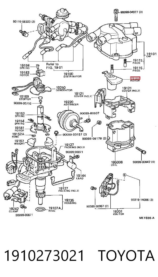 Slider (rotor) de distribuidor de ignição, distribuidor 1910273021 Toyota