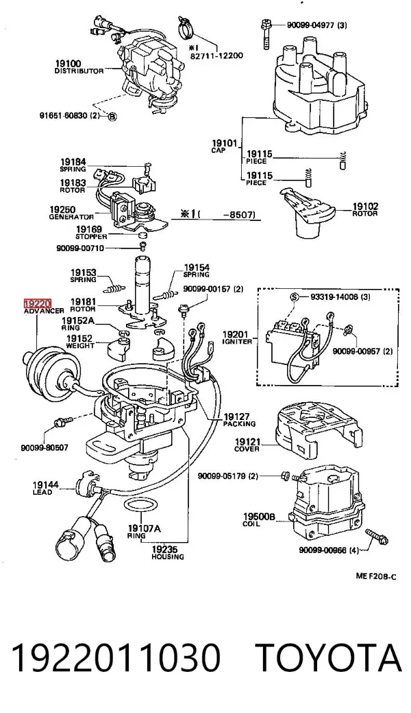 Vácuo de distribuidor de ignição 1922011030 Toyota