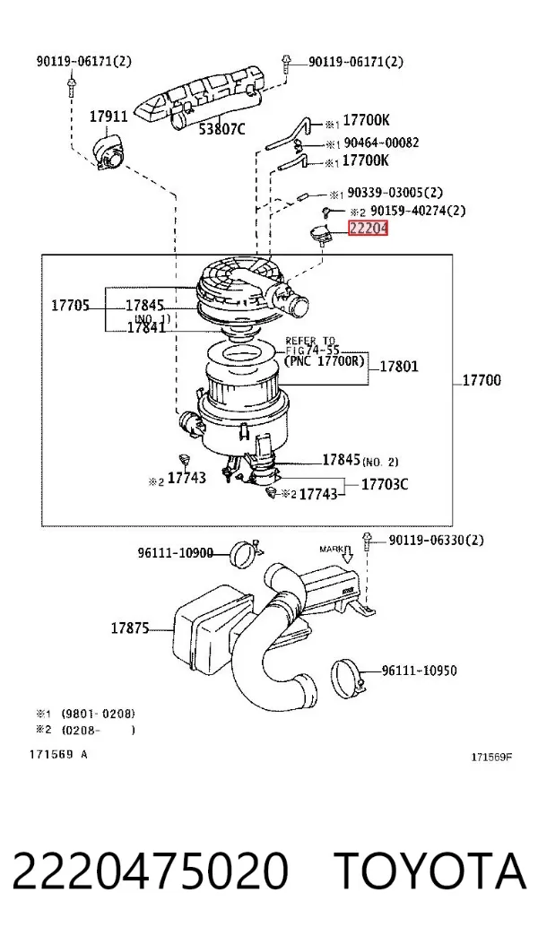 Sensor de fluxo (consumo) de ar, medidor de consumo M.A.F. - (Mass Airflow) 2220475020 Toyota