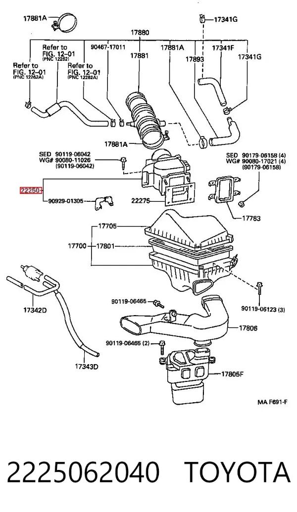 Sensor de fluxo (consumo) de ar, medidor de consumo M.A.F. - (Mass Airflow) 2225062040 Toyota