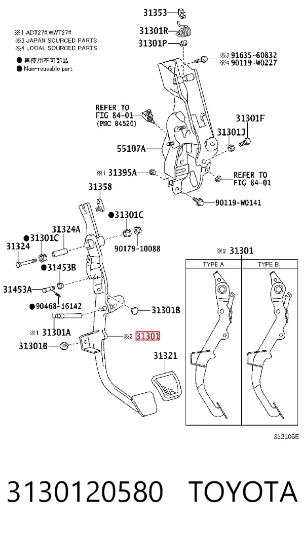 Pedal de embraiagem 3130120580 Toyota