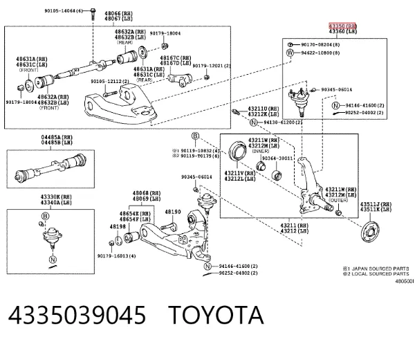 Suporte de esfera superior 4335039045 Toyota