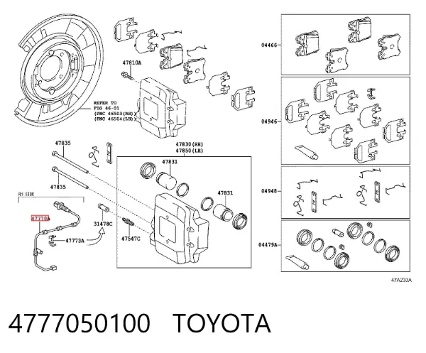 Sensor traseiro direito de desgaste das sapatas do freio 4777050100 Toyota