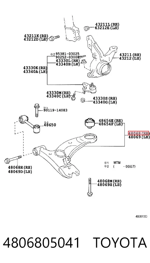 Braço oscilante inferior direito de suspensão dianteira 4806805041 Toyota