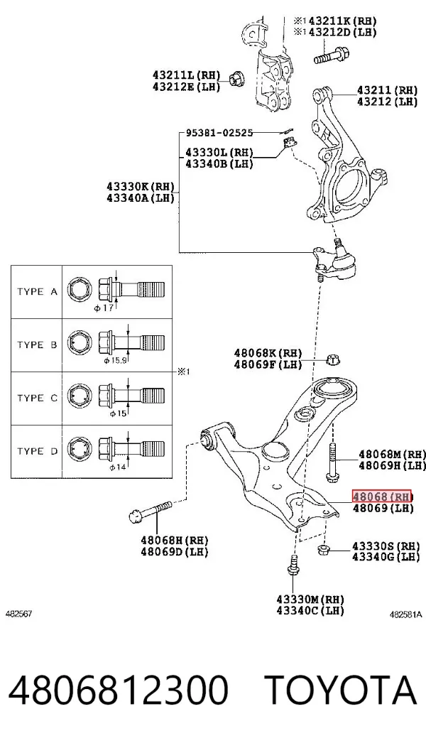 Braço oscilante inferior direito de suspensão dianteira 4806812300 Toyota