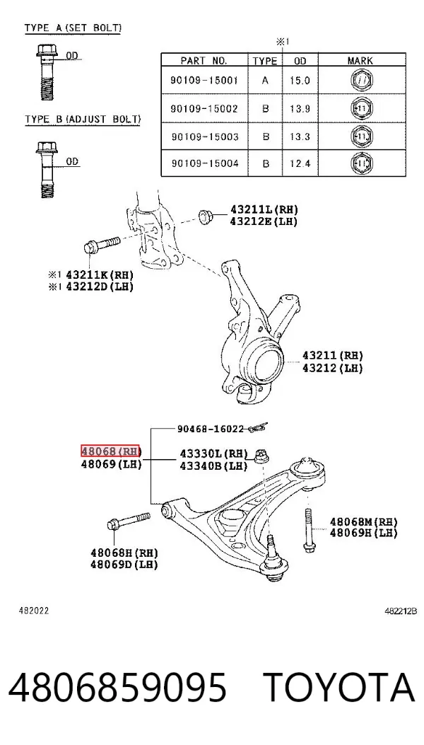 Braço oscilante inferior direito de suspensão dianteira 4806859095 Toyota