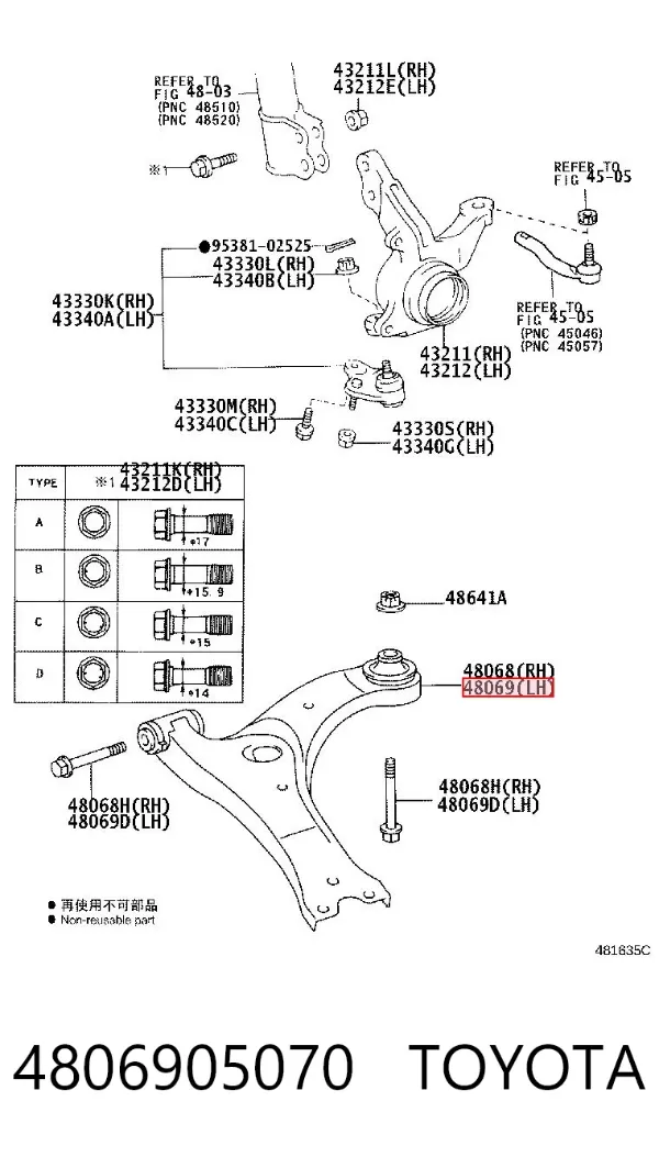 Braço oscilante inferior esquerdo de suspensão dianteira 4806905070 Toyota