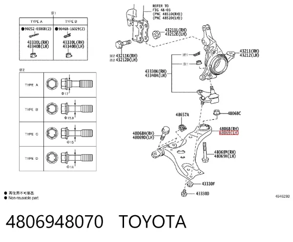 Braço oscilante inferior esquerdo de suspensão dianteira 4806948070 Toyota