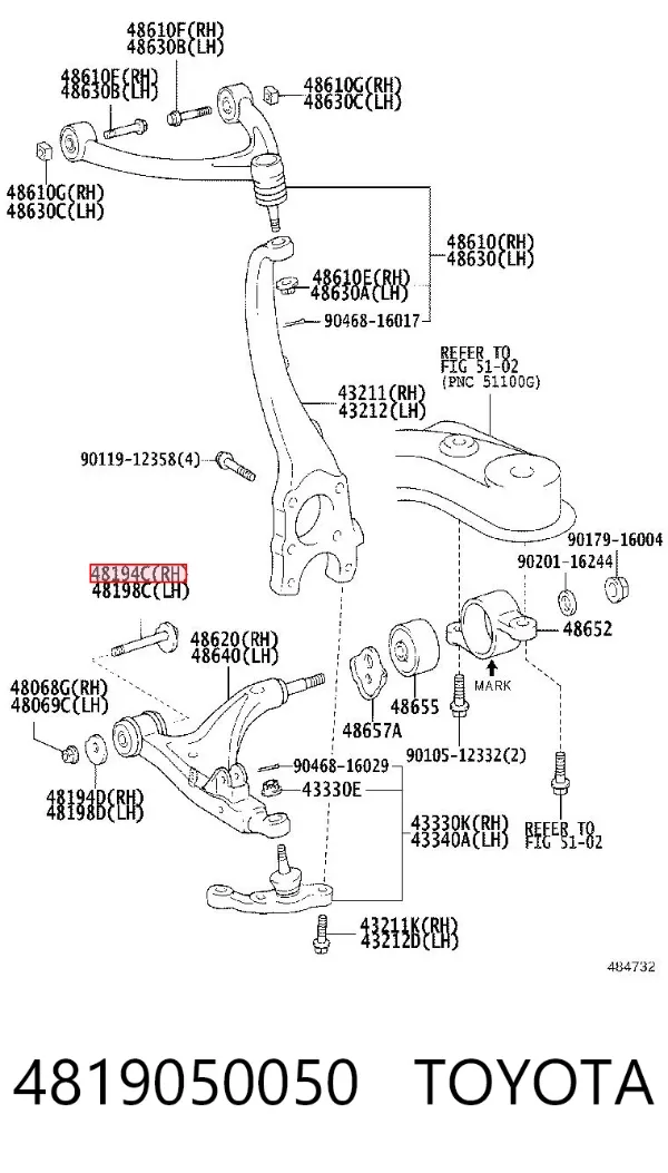 Parafuso de fixação do braço oscilante inferior traseiro, interno 4819050050 Toyota