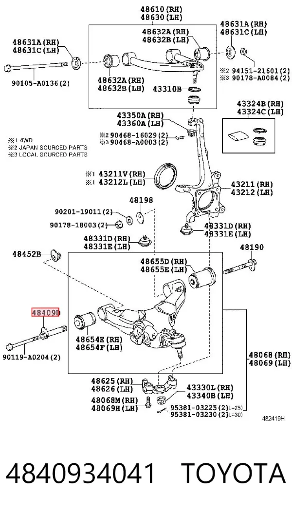 Parafuso de fixação de braço oscilante dianteiro, inferior 4840934041 Toyota