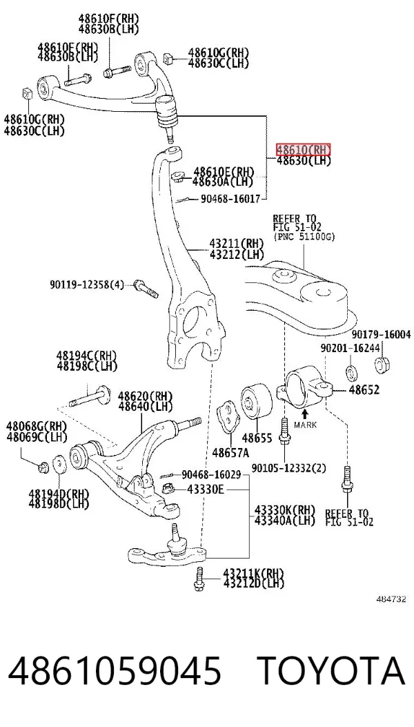 Braço oscilante superior direito de suspensão dianteira 4861059045 Toyota