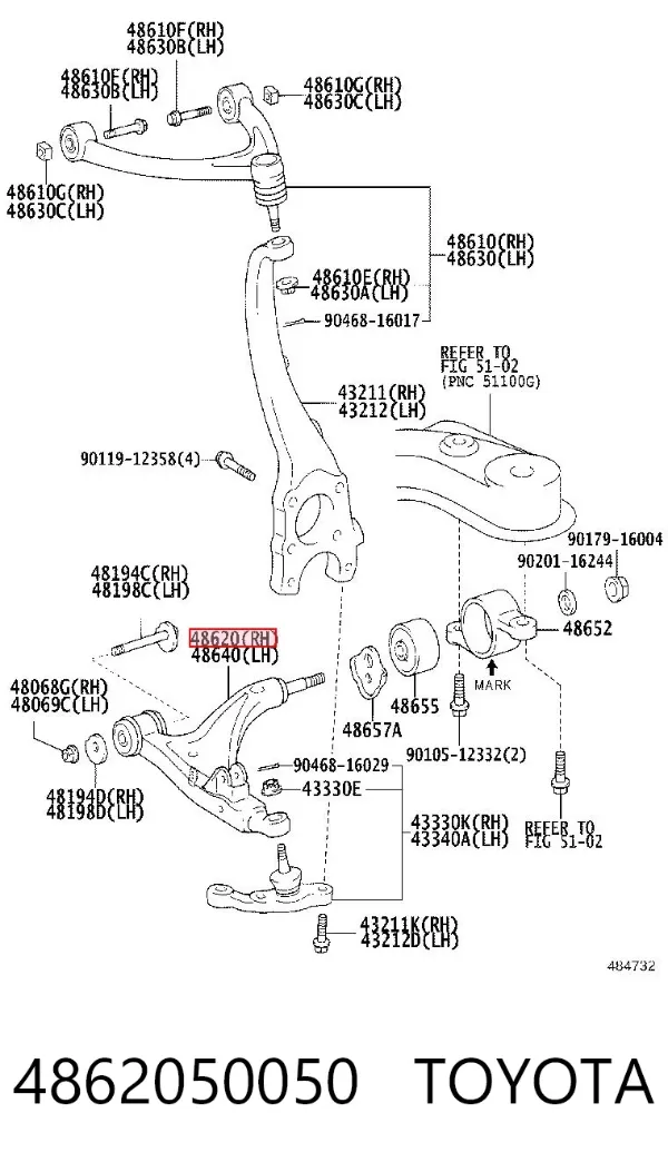 Braço oscilante inferior direito de suspensão dianteira 4862050050 Toyota