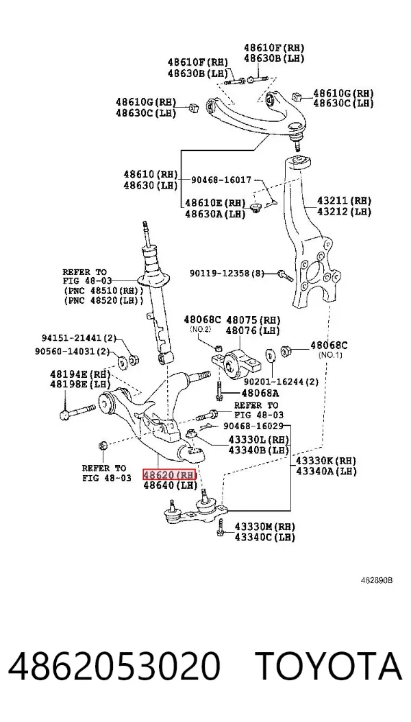 Braço oscilante inferior direito de suspensão dianteira 4862053020 Toyota