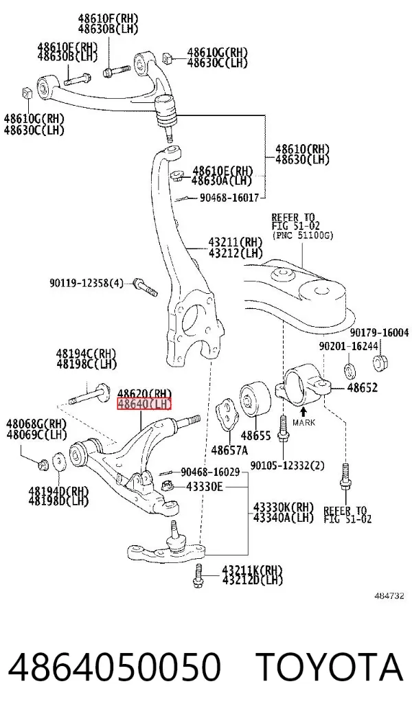 Braço oscilante inferior esquerdo de suspensão dianteira 4864050050 Toyota