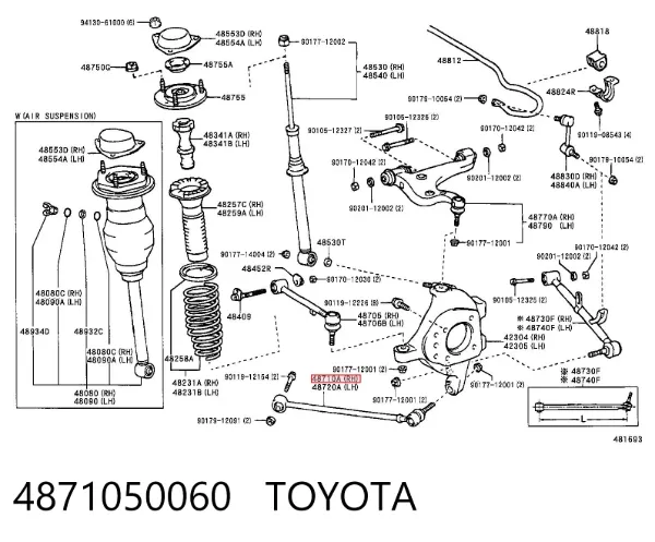 Braço oscilante inferior esquerdo de suspensão traseira/direita 4871050060 Toyota