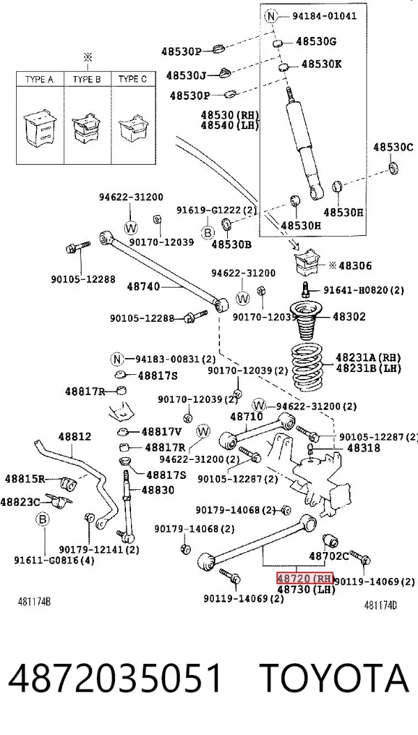 Braço oscilante inferior esquerdo de suspensão traseira/direita 4872035051 Toyota