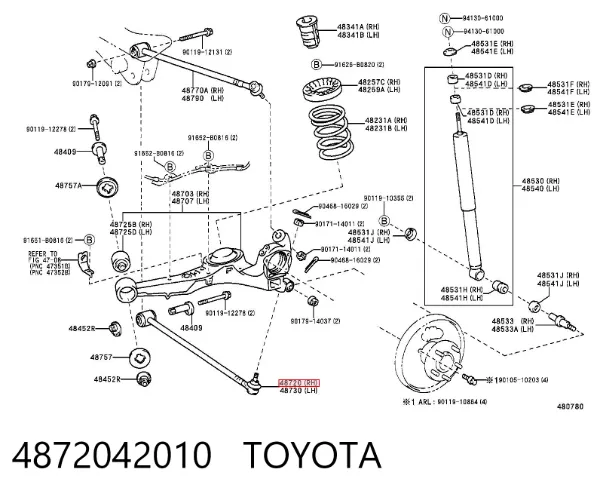 Braço oscilante inferior direito de suspensão traseira 4872042010 Toyota
