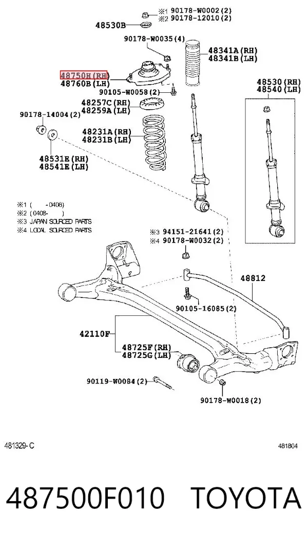 Suporte de amortecedor traseiro direito 487500F010 Toyota