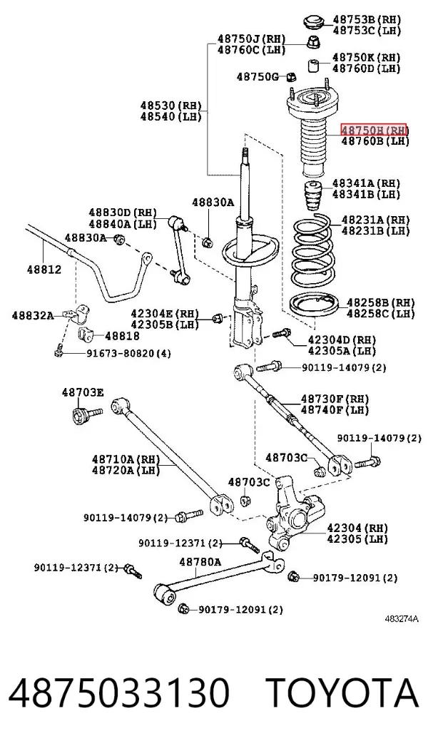 Suporte de amortecedor traseiro direito 4875033130 Toyota