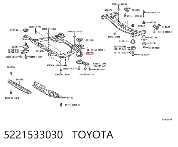 Bloco silencioso (coxim) de viga dianteira (de plataforma veicular) 5221533030 Toyota