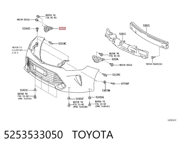Consola externa direita do pára-choque dianteiro 5253533050 Toyota