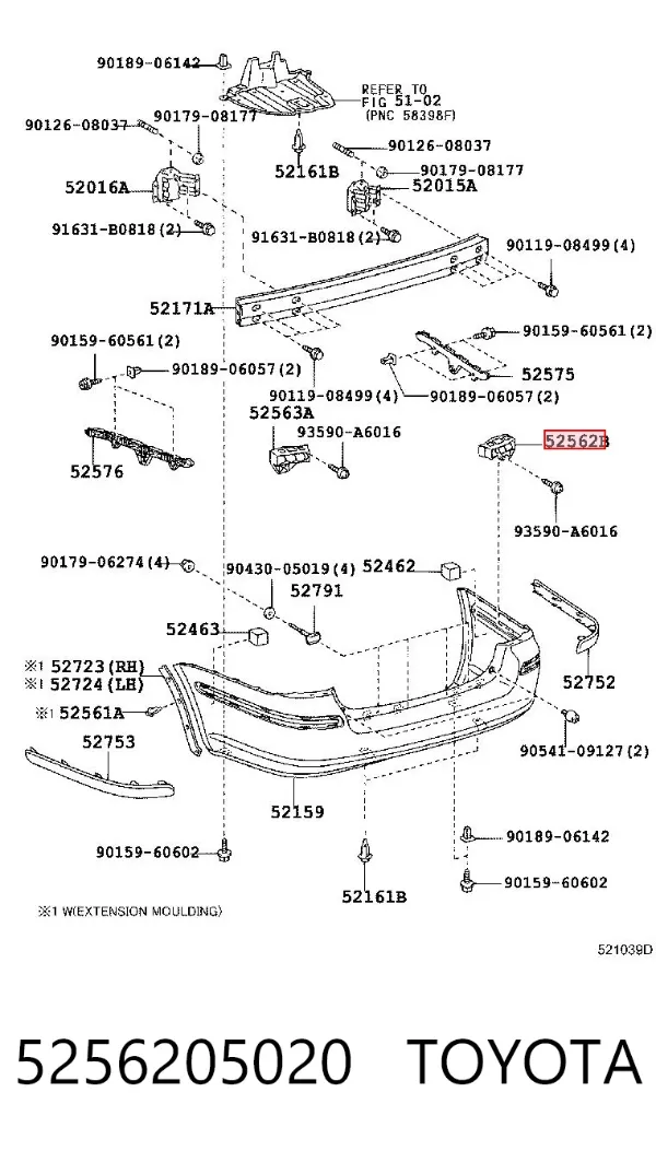 Consola direita do pára-choque traseiro 5256205020 Toyota