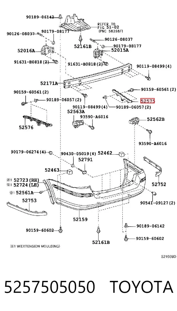 Consola direita do pára-choque traseiro 5257505050 Toyota