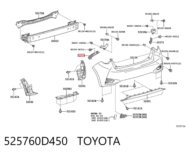 Consola esquerda do pára-choque traseiro 525760D450 Toyota