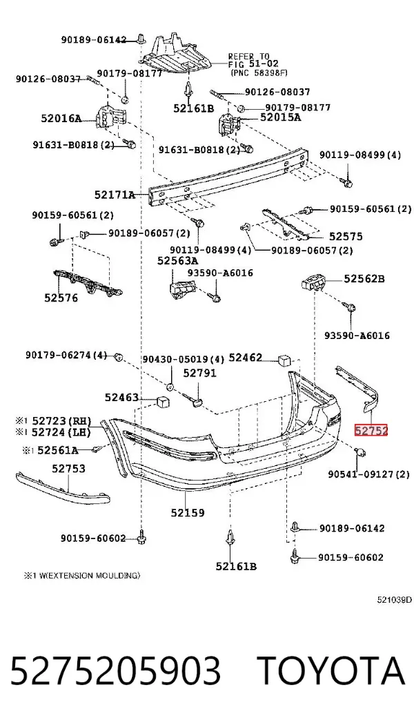 Moldura direita do pára-choque traseiro 5275205903 Toyota
