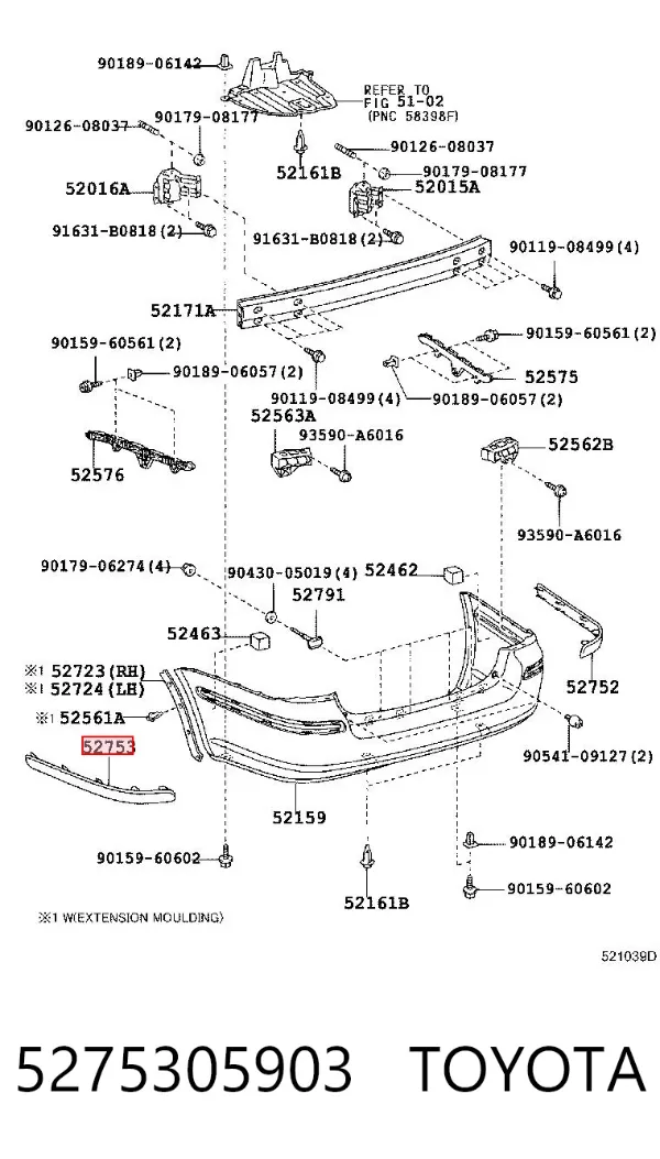 Moldura esquerda do pára-choque traseiro 5275305903 Toyota