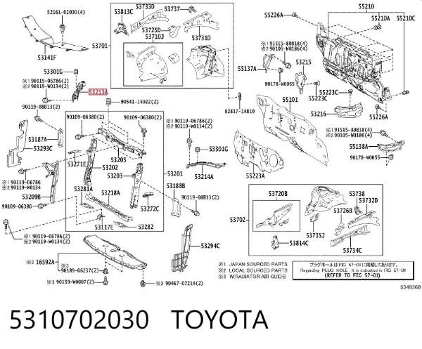 Consola superior direita do radiador 5310702030 Toyota