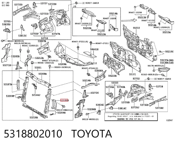 Suporte inferior do radiador (painel de montagem de fixação das luzes) 5318802010 Toyota