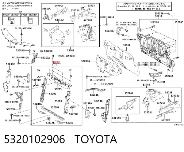 Suporte do radiador montado (painel de montagem de fixação das luzes) 5320102906 Toyota