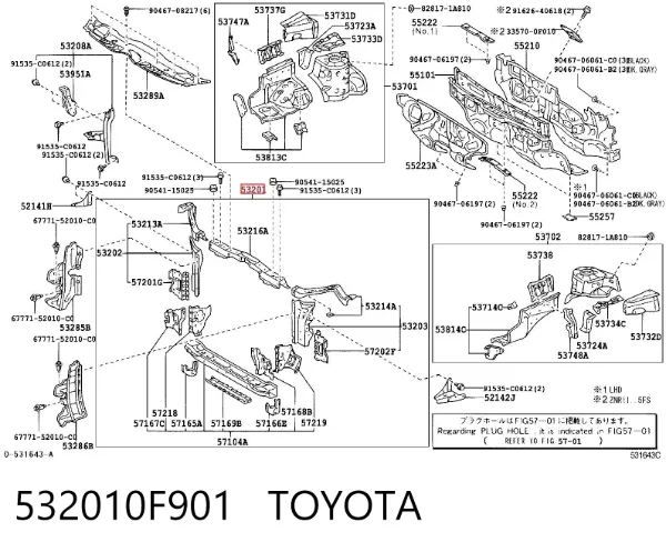 Suporte do radiador montado (painel de montagem de fixação das luzes) 532010F901 Toyota