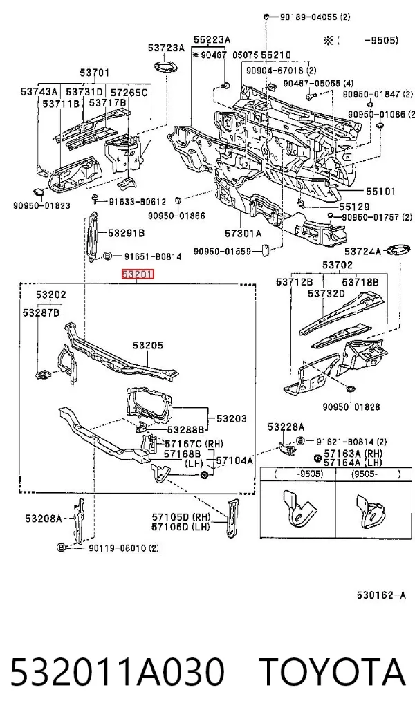 Suporte do radiador montado (painel de montagem de fixação das luzes) 532011A030 Toyota