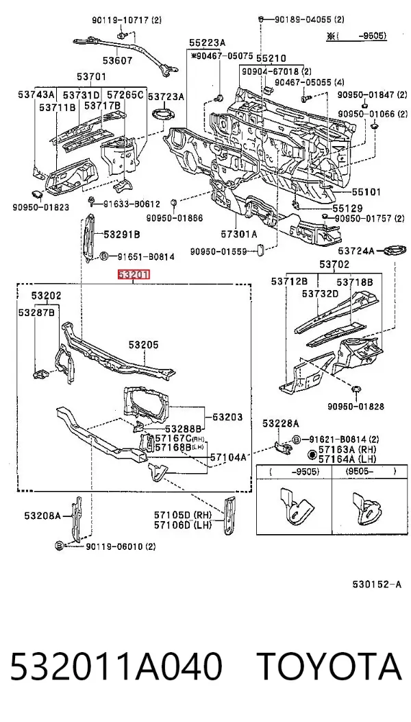 Suporte do radiador montado (painel de montagem de fixação das luzes) 532011A040 Toyota
