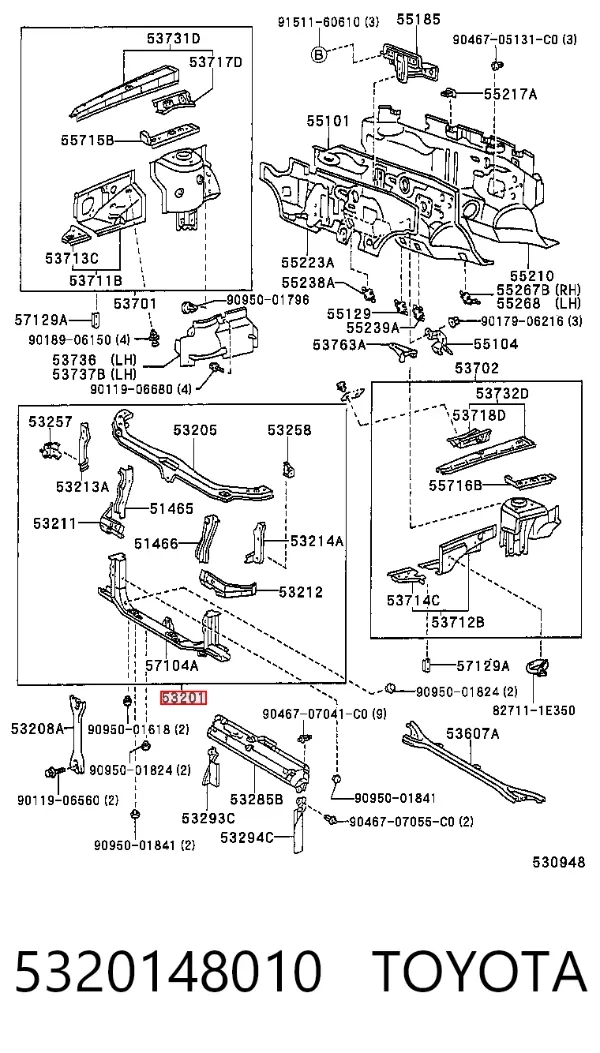 Suporte do radiador montado (painel de montagem de fixação das luzes) 5320148010 Toyota