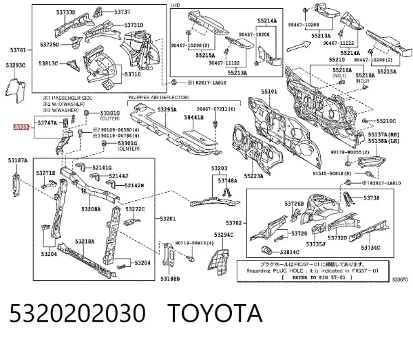 Suporte superior do radiador (painel de montagem de fixação das luzes) 5320202030 Toyota