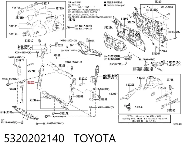 Suporte direito do radiador (painel de montagem de fixação das luzes) 5320202140 Toyota