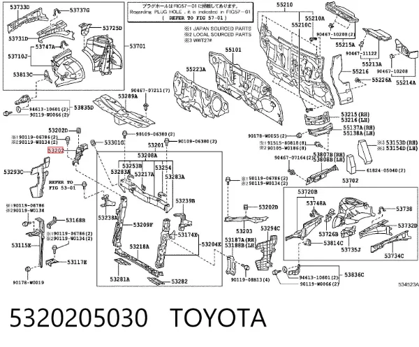 Suporte superior do radiador (painel de montagem de fixação das luzes) 5320205030 Toyota