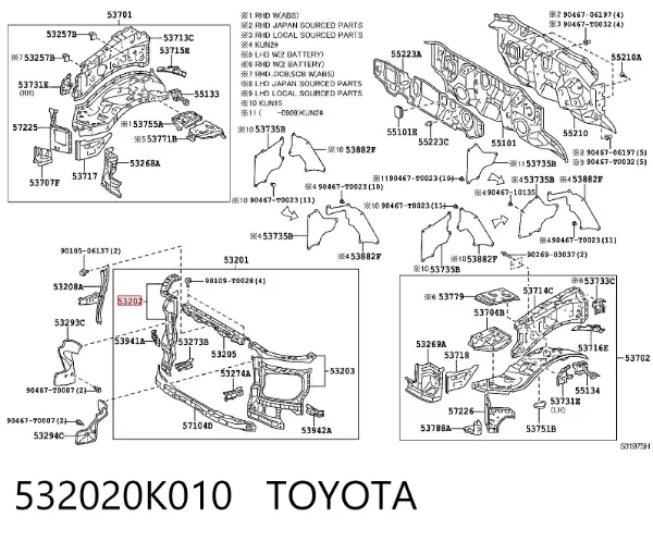 Suporte direito do radiador (painel de montagem de fixação das luzes) 532020K010 Toyota